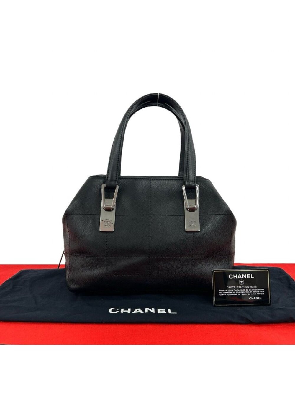 Chanel And Card Cho Edge Coat Caviar Leather Handbag Black